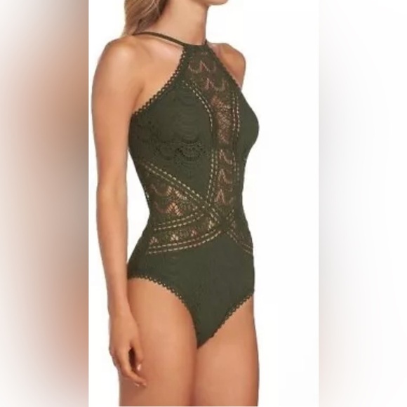 BECCA Women’s XL Olive Green Crochet Halter One-Piece Open-Stitch Swimsuit - NWT - Picture 2 of 15